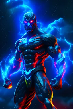 fire, lightning, wind, rain, volcanic lava, fireworks, explosions, multicolored neon lights, outer space background -- an extremely muscular man wearing a black, bandit eye mask, a light blue, skintight, formfitting cowl, a light blue, skintight, formfitting kevlar bodysuit, black gloves, silver wrist gauntlets, silver belt, silver knee-high boots, silver lightning emblem on the chest, with cobalt blue eyes, a mustache and goatee,