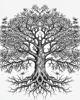 realistic tree of life tattoo idea, line art, background, vector, svg, black outline on white background, leave plenty of white space beetween lines for coloring, tattoo style, tattoo idea,full body, minimalist