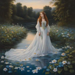 A photorealistic pre-Raphaelite style oil painting of Ophelia from Shakespeare's Hamlet, floating serenely in a crystalline Danish river at twilight. Ophelia, wearing a flowing white embroidered gown adorned with wildflowers and lace, is partially submerged in the water, surrounded by a tapestry of floating pansies, rue, daisies, forget-me-nots, tangled green reeds, and algae. Her pale, serene face, half-submerged, gazes softly upwards with a dreamy, melancholy expression, her golden-brown hair