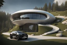 Photo of a futuristic cabin with a shape inspired by the infinity symbol in plan and the x cross in elevation. Glass facades are interspersed between the curved walls, which are steps to go up to the roof to a terrace. There is a driveway with a luxury jeep parked, with a path leading down to the building on the side of the hill. It has a biomimetic design, carbon neutral and zero energy. There are hikers in the distance and the silhouette of a bird in the sky. By drone