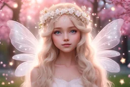 pretty snow fairy, sweet face, long blond hair, crown of white flowers and crystals, transparent wings, softness, kindness, fireflies and sparks of light, in the background of pink trees 4k, magical atmosphere, sweetness