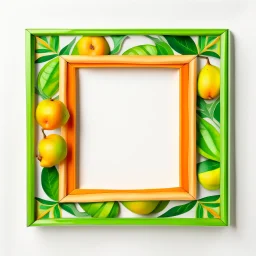 Square picture frame in the colors mango and light green leaves and some light orange, all on a light background