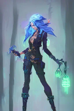 standing steampunk elf with blue hair in a neon dystopian forest