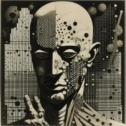 Braille art, abstract surrealism, by Ray Johnson and Dave McKean, silkscreened mind-bending illustration; Hipgnosis album cover art, off-centered fragmented composition, dark shines war, by Phlegm