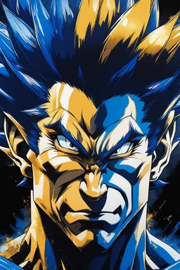 Poster in two gradations, split in half, one side "Vegeta's face", other side "Goku's face", midline of the face, painting by Yoji Shinkawa, dark blue and GOLD detailed iridescent, metallic, translucent, dramatic lighting, hyper futuristic, digital art,