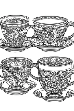 Outline art for coloring page, 3 TEACUPS GROOVY DESIGN, coloring page, white background, Sketch style, only use outline, clean line art, white background, no shadows, no shading, no color, clear