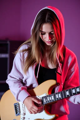attractive woman wearing a hoodie and playing an electric guitar
