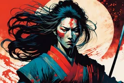 create an imaginative shunga style print illustration of an ethereal, otherworldly gaunt and withered ancient female ronin samurai vampire , in the comic book art style of Bill Sienkiewicz, Mike Mignola, and Jean Giraud Moebius, with highly detailed feminine facial features, styled after Sekiro