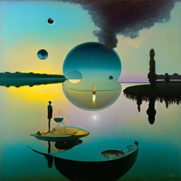 dusk landscape with lake,boat and human body, universe-like Soap Bubble,complex surgical instruments mixed with human body-like musical instruments,minimalism,Painting By Adrian Ghenie, Rene Magritte, Salvador Dali, Lucian Freud