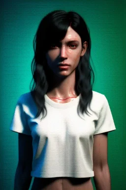 Ultra Realistic image, 25 years old brunette woman, Madrid, portrait, small stature, small chest, yakuza body tattoo, white broken cotton short undershirt, black latex short, rain, fog, club night Tokyo ambient, leds, neon, cyberpunk, vibrant color, highly detailed, art stations, concept art, smooth, unreal engine 5, god rays, ray tracing, RTX, lumen lighting, ultra detail, volumetric lighting.