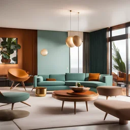 photo of a mid-century modern lounge with iconic furniture pieces and a retro aesthetic --ar 1:1