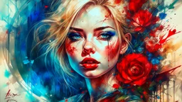 old canvas with worn torn folded edges and holes, cracks, heavily grained, broken lens effect, Iris wreath portrait Blonde woman, red lips, back tattoo, Alcohol ink, Hyperdetail, Anna Razumovskaya, Anna Dittmann, Luis Royo