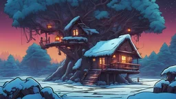 comic style, treehouse in the jungle, under the snow, at night, 4k, very detailed, colorful