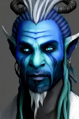 A tieffelin with blue skin and white Dreadlock hair. His pupil-less eyes are green. He wears a small beard.