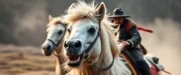 the high speed magical face of a fluffy mongolian panda horse with riders