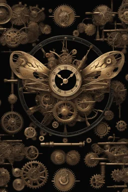 steampunk clock surrounded by cogs and springs, metal insects with wings, black background