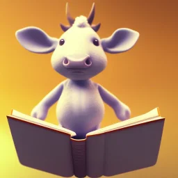 Tiny cute cow toy, reading a book, 3d blender render