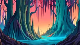 Watercolor animation background painting with soft outlines for Pinocchio. We see old crooked trees with thick roots in a dark dense forest. Disney, fantasy, spooky, epic, detailed, volumetric lighting, romantic,