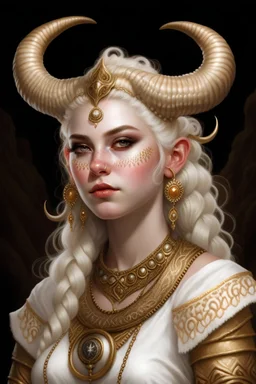 A young tiefling woman with a set of ram horns on her head encrusted with jewels, White-Blonde hair, black eyes, no pupils, dressed in white and gold with lots of jewelry