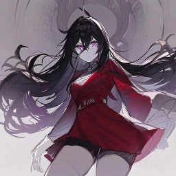 Clear focus, High resolution, rough line sketch art, long black hair, hair between eyes, fluffy hair, purple eyes, wearing a black and red kimono with a black short skirt, dark aura