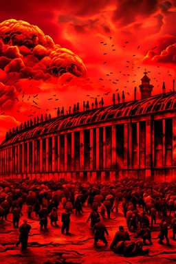 A lot of Prisoners line up in hell in front of a big wall , red clouds in the sky with huge amount of dead people laying on the ground