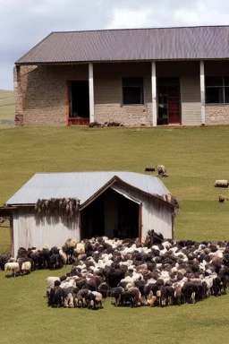 farm house made out of sheep carcass, so many bloody dead sheep on roof, with lots of 4wd trck hanging around