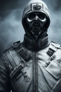 All black German soldier, wearing high tech mask, white smoke, dark, rage, sorrow, high definition, ultra 8 k, volumetric lighting, blue fire, fog