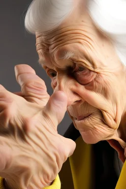 Older woman jabbing with a finger of her yellowing claw-like hand