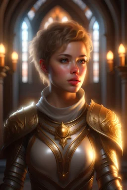 portrait of a beautiful female paladin, short messy ashen hair, pale eyes, white skin, dressed in a revealing ornamented light plate armor, standing in a temple, realistic, dim candle lighting, petite, highly detailed face, very high resolution, holy, looking at the camera, freckles, shy
