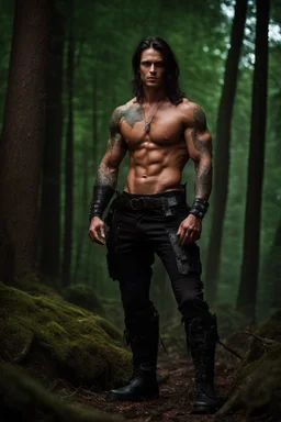 Handsome muscular alpha male, 30 years old, Dark eyes, very Long brown hair, bare chest covered in tattoos and scars. wearing black combat trousers and heavy boots, photorealistic, 4k, dark fantasy, forest background