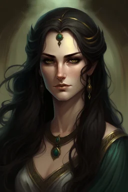 portrait of Cynara, the antagonist, she became mean after a stroke of faith, she is beautiful and has long dark hair, her appearance is like a greek goddess