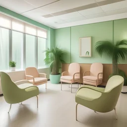 Salle d'attente, hôpital, chaises vert es pastel, et bois, jungle