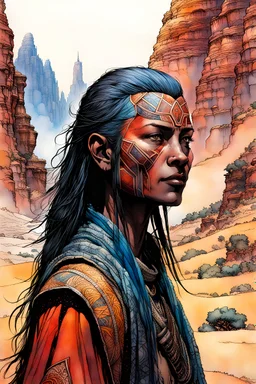 create an ink wash and watercolor portrait of a female nomadic tribal mercenary with highly detailed, delicate feminine facial features, inhabiting an ethereal tropical canyon land in the comic book style of Jean Giraud Moebius, David Hoskins, and Enki Bilal, precisely drawn, boldly inked, with vibrant colors