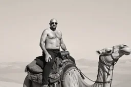 man looking like Walter White in breaking bad, bald, with bare chest riding on a camel in sahara in desert, panorama, black and white photo
