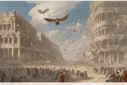 View of Elysium with winged females flying over people running away in fear