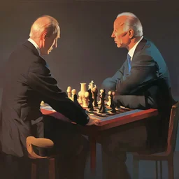 Putin, President Xi Of China And Joe Biden Play Chess between lights and shadow With A Pigeon,And Atomic Bomb Mushroom Cloud,Complex Surgical Instruments Intermixed With A Newborn Boy,Minimalism,Painting By Adrian Ghenie,Rene Magritte,Pablo Picasso,Michelangelo,Salvador Dali,Lucian Freud