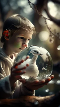 boy with swan wings in a tree inside a Crystal ball, shot on Hasselblad h6d-400c, zeiss prime lens, bokeh like f/0.8, tilt-shift lens 8k, high detail, smooth render, down-light, unreal engine, prize winning