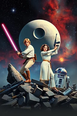 stars nebula and the Death Star large at top, in front in poses from the original star wars posters is Luke Skywalker with lightsaber and Princess Leia Organa with upward pointing raygun both in white clothing atop crumbling stone and broken parts of c-3po r2-d2 and other