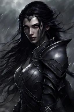 A female elf with skin the color of storm clouds, deep grey, stands ready for battle. Her long black hair flows behind her like a shadow, while her eyes gleam with a fierce silver light. Despite the grim set of her mouth, there's a undeniable beauty in her fierce countenance. She's been in a fight, evidenced by the ragged state of her leather armor and the red cape that's seen better days, edges frayed and torn. In her hands, she grips two swords, their blades spattered with an eerie green blood