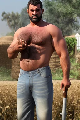 full body of a 50 years old muscular chubby arab farmer shirtless with a very big bulge and hairy under the sun near a tractor hyper-realistic