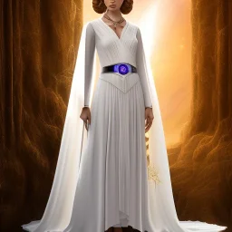 model shoot style, digital art zoomed out portrait of (Princess Leia) ((dressed in white and off white gown)), surrounded by 100 planets, ultra-detailed, ultra quality, illustration, eerie atmosphere, 8k, cinematic lighting