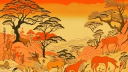 A light rosy orange color savanna filled with animals painted by Utagawa Hiroshige