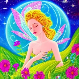 super bright fairy, beautiful portrait, flowery landscape, cosmic atmosphere, perfect composition, 8k, super detailed, delicate flowers, complementary colours, intricate details, delicate flowers, fantasy art