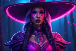 The witch in 8k sci-art drawing style, pink skin, purple glowing eyes, the which custom,howdy, neon effect, intricate details, highly detailed, high details, detailed portrait, masterpiece,ultra detailed, ultra quality