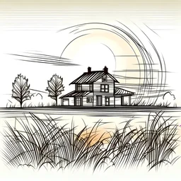 Sketch art, bold outlines, clean and clear outlines, white background, a morning sunrise on field of grass and a house