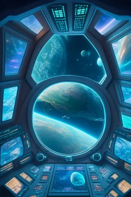 view from inside a huge spaceship with 3 aliens controling complex buttons and screens. Many windows in front showing the planet earth.