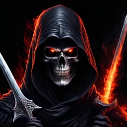 ultra high image quality, hell infused Grim Reaper Close-up of an set against AMOLED-worthy pure black backdrop, fantasy art style infused with filter, tailored for vertical wallpaper, exclusive design with no duplicates, radiating beauty suitable for a PC screen image, vivid colors, ultra fine, digital painting.