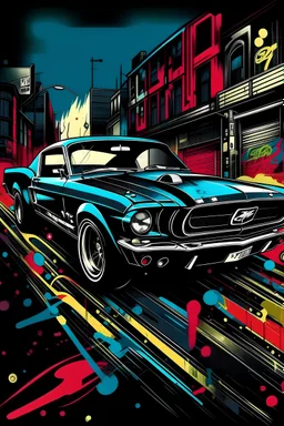 Black Mustang cruising through an ink-punk styled city, vintage stamp aesthetic, LLart illustration resembling a dynamic comic book panel, vibrant colors, sketched with tiny, intricate details, masterpiece aligning with ArtStation trends, sharp focus, bold high quality, vector style suitable for a t-shirt design, ultra-detailed, high resolution