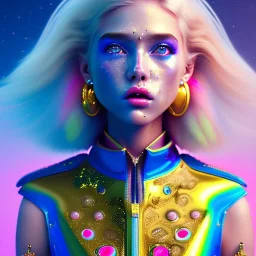 blonde woman teenager, few freckles, gold teeth, feather coat, purpurin, retro futuristic, latex dress, gradient color, BLUE, PINK, CYAN, neon, insanely detailed, 16k resolution, perfect eyes, cinematic smooth, intricate detail