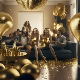 A picture of partying people in a living room with gold party decoration